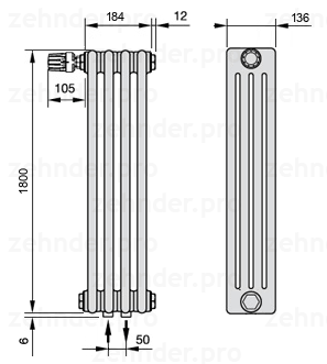Схема (чертеж) Радиатор Zehnder Charleston 4180/4 №V007 Белый глянцевый RAL 9016